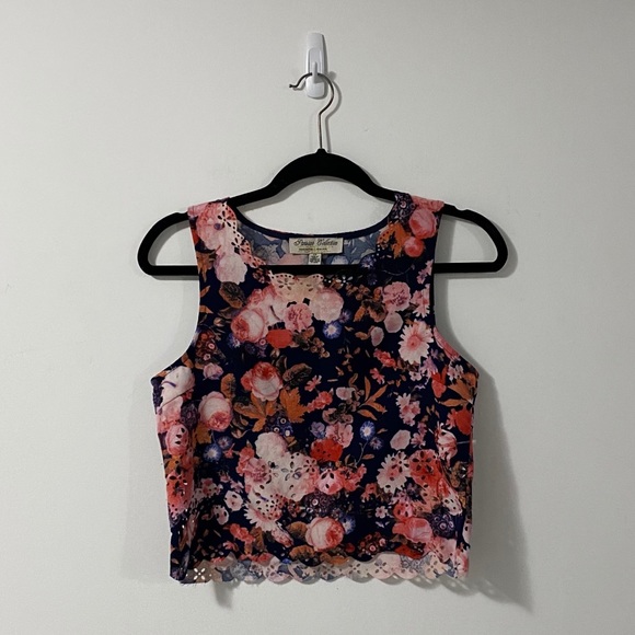 Blue & Pink Floral Cropped Tank Top | Cut Outs | S - Picture 2 of 8